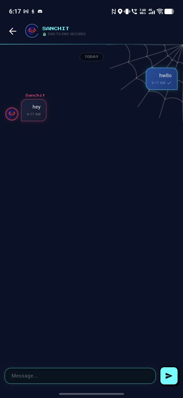 End-to-end encrypted party chat with cobweb decoration and pixel message bubbles