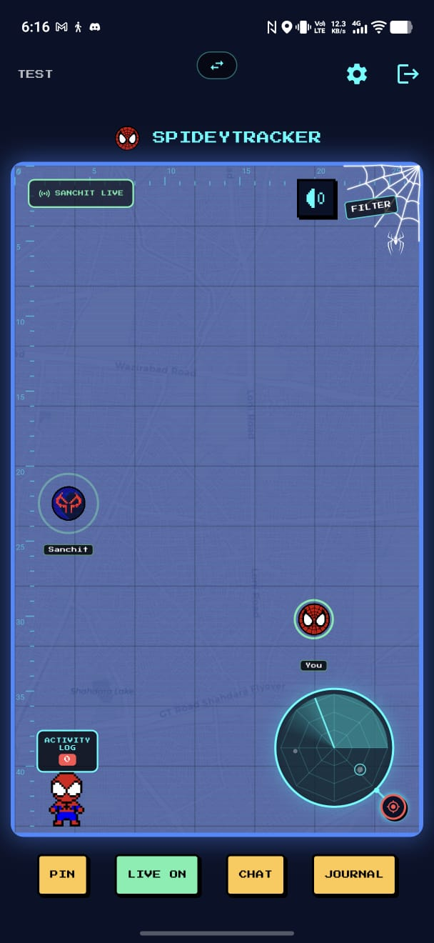 SpideyTracker live radar map with a party member's location, a saved pin, and the activity mascot