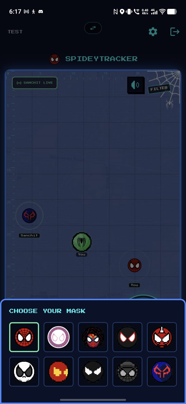 Mask picker showing ten selectable pixel Spider-Man style masks