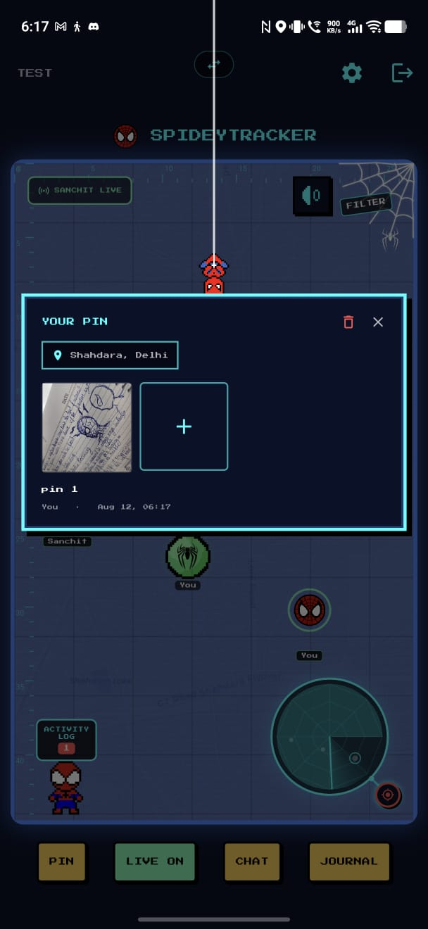 A pin's photo attachment view with a caption and location